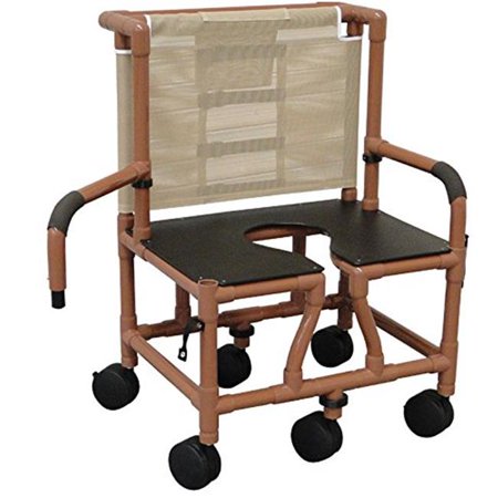 Woodtone Tilt "n" space shower chair w/ open front soft seat, buckle safety belt, and double drop arm, with 10 qt slide out commode pail, 250 lbs wt cap