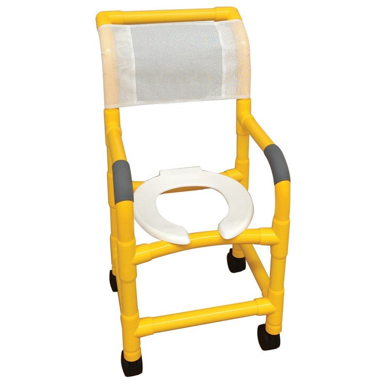 Yellow shower chair 15" internal width, for small adult or pediatric needs 3" twin casters, open front seat, 250 LBS cap.