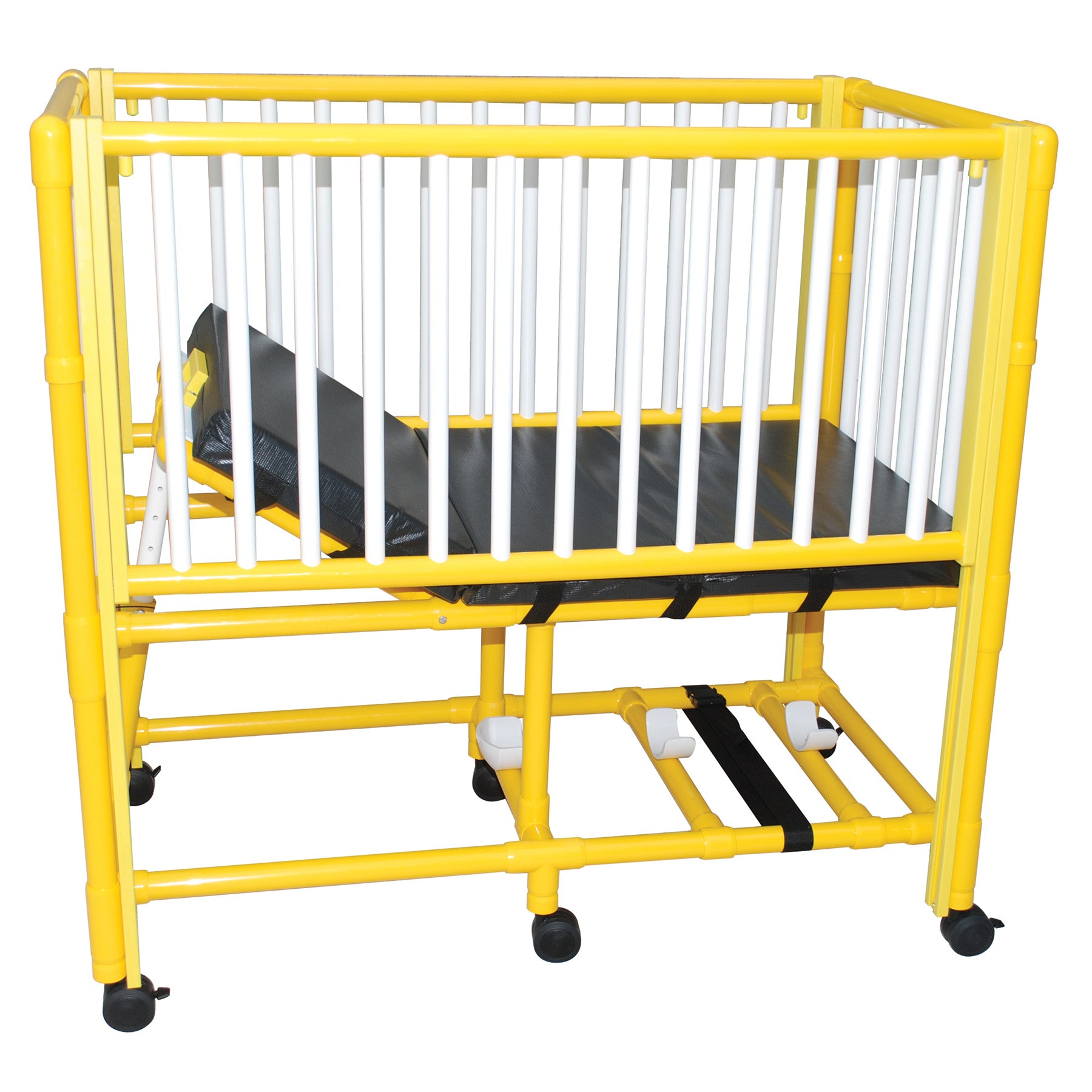 Yellow PVC frame pediatric crib bed with adjustable side rails, O2 tank holder, 3" cushion