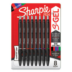 S-Gel High-Performance Gel Pen, Retractable, Medium 0.7 mm, Five Assorted Ink Colors, Black Barrel, 8/Pack