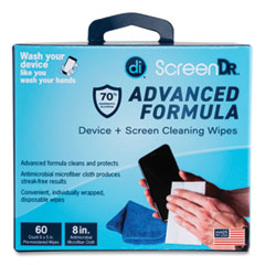 ScreenDr Device and Screen Cleaning Wipes, Includes 60 Individually Wrapped Wipes and 8" Microfiber Cloth, 6 x 5, White