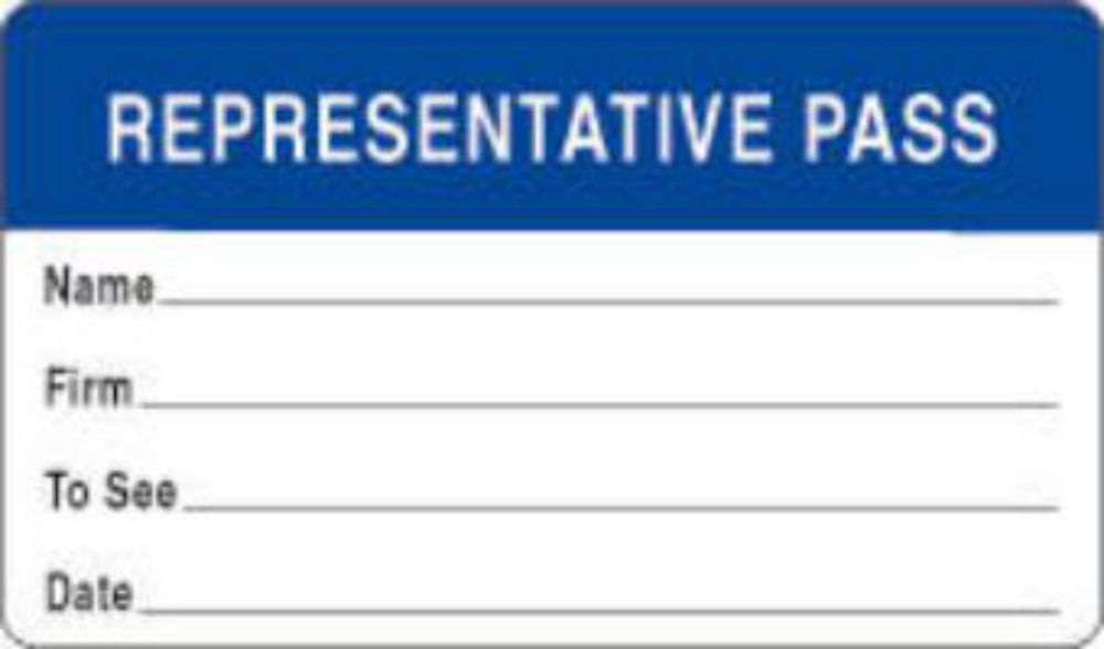 VISITOR PASS LABEL PAPER REMOVABLE REPRESENTATIVE PASS 1" CORE 2 3/4 " X 1 3/4" DARK BLUE 1000 PER ROLL