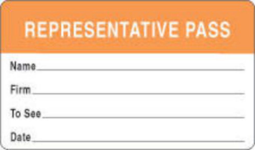 VISITOR PASS LABEL PAPER REMOVABLE REPRESENTATIVE PASS 1" CORE 2 3/4 " X 1 3/4" ORANGE 1000 PER ROLL