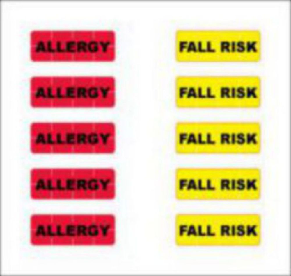 ALERT BANDS® LABEL POLY "ALLERGY", "FALL RISK" PRE-PRINTED, STATE STANDARDIZATION 0.6875X1/4 RED AND YELLOW - 200 PER PACKAGE