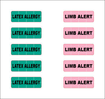 ALERT BANDS® LABEL POLY "LATEX ALLERGY", "LIMB ALERT" PRE-PRINTED, STATE STANDARDIZATION 0.6875X1/4 GREEN AND PINK - 200 PER PACKAGE