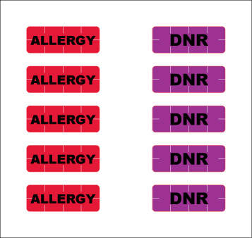 ALERT BANDS® LABEL POLY "ALLERGY", "DNR" PRE-PRINTED, STATE STANDARDIZATION 0.6875X1/4 RED AND PURPLE - 200 PER PACKAGE