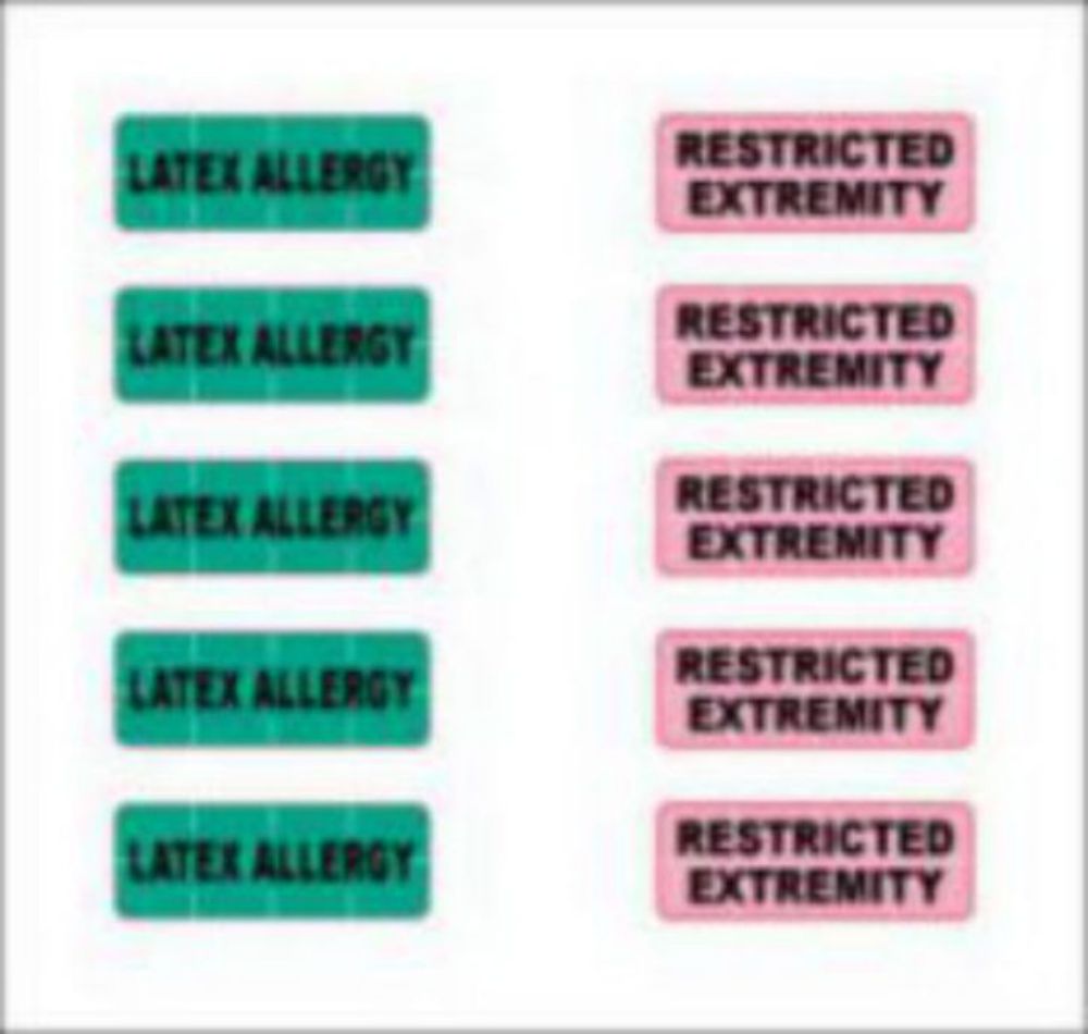 ALERT BANDS® LABEL POLY "LATEX ALLERGY", "RESTRICTED EXTREMITY" PRE-PRINTED, STATE STANDARDIZATION 0.6875X1/4 GREEN AND PINK - 200 PER PACKAGE