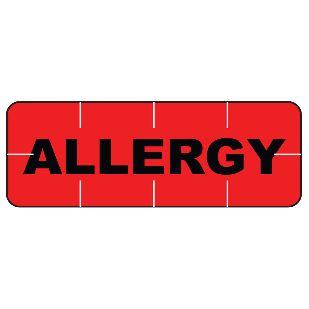 ALERT BANDS® LABEL POLY "ALLERGY" PRE-PRINTED, STATE STANDARDIZATION 0.6875X1/4 RED - 250 PER QTY BASED ROLL