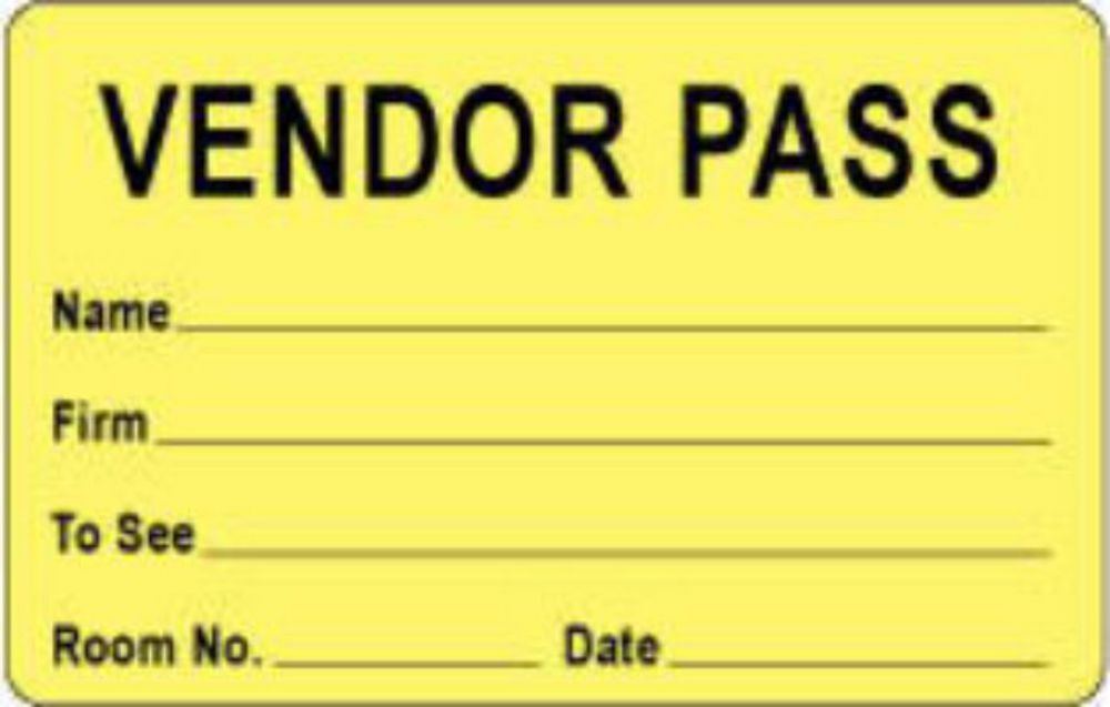 VISITOR PASS LABEL PAPER REMOVABLE VENDOR PASS NAME 1" CORE 2 3/4 " X 1 3/4" FL. YELLOW 1000 PER ROLL