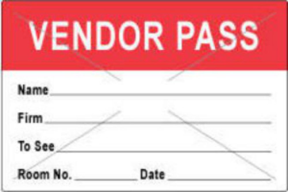 VISITOR PASS LABEL TAMPER-EVIDENT PAPER REMOVABLE VENDOR PASS NAME 1" CORE 3" X 2" RED 1000 PER ROLL