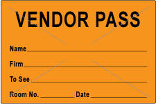 VISITOR PASS LABEL TAMPER-EVIDENT PAPER REMOVABLE VENDOR PASS NAME   3" X 2" FL. ORANGE 1000 PER ROLL