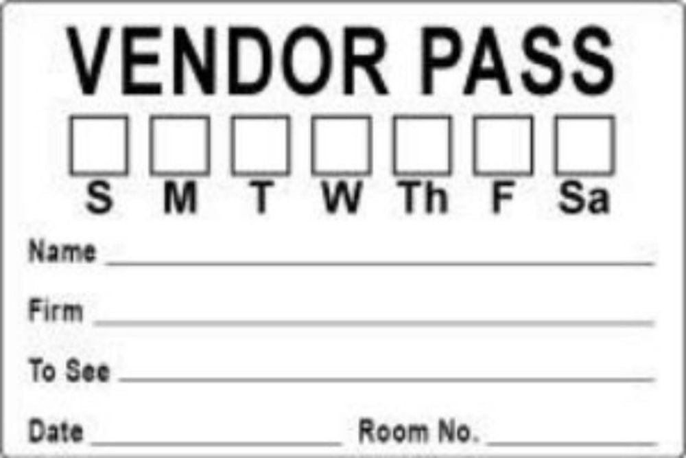 VISITOR PASS LABEL PAPER REMOVABLE VENDOR PASS S M T   3" X 2" WHITE 1000 PER ROLL