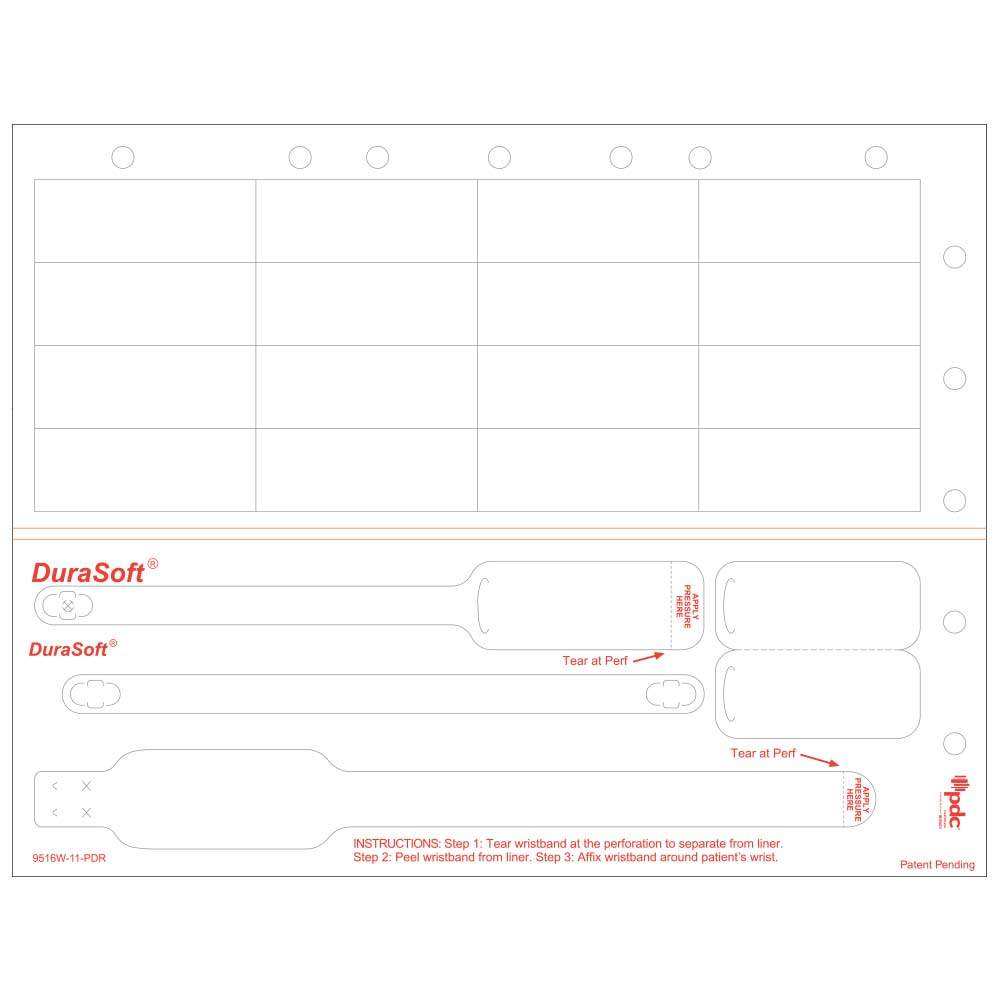 DURASOFT® TENDERCARE® LASER WRISTBAND/LABEL WITH HOLES, TAMPER EVIDENT, PAPER, 2 1/2" X 1", INFANT/PEDI, WHITE, 16 LABELS PER SHEET, 4 PKS OF 250 SHEETS PER CASE