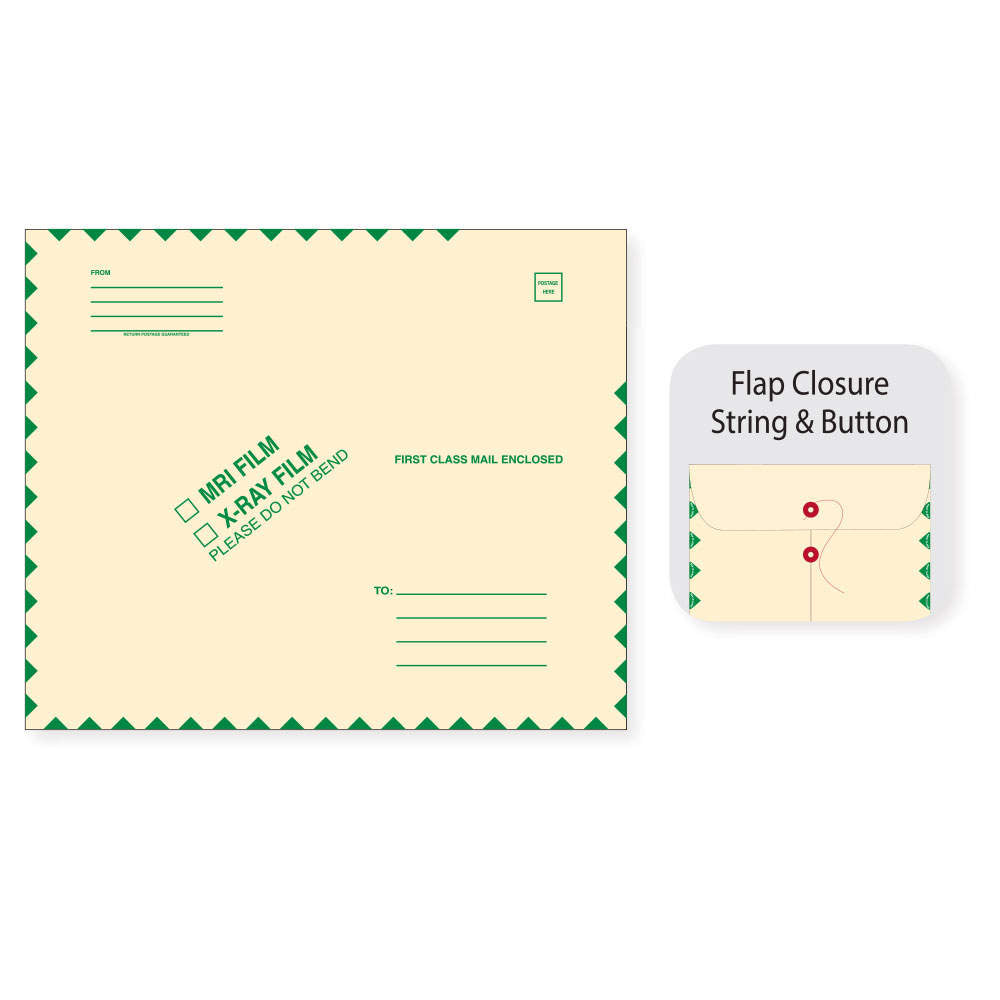 X-RAY FILM MAILER STRING & BUTTON OPEN END WITH GREEN DIAMOND BORDER 11PT MANILA 15"X18" 50 PER CASE