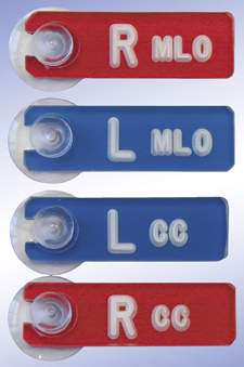 X-RAY MARKER MAMMOGRAPHY SET|ABBREVIATED RIGHT AND LEFT|WITH SUCTION CUP "CC" AND "MLO" BLUE AND RED ACRYLIC 1-7/8"X5/8"X9/64" 4 PER SET