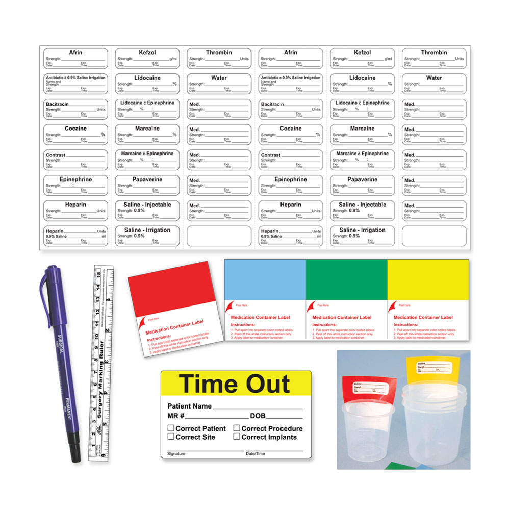 STERILE LABEL KIT INCLUDES DUAL-TIP MARKER, RULER, TIME-OUT LABEL, MEDICINE CUPS, CUP LABELS PERMANENT 6 1 9/10" X 6/10" WHITE 100 PER CASE