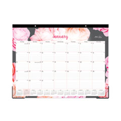 Joselyn Desk Pad, Rose Artwork, 22 x 17, White/Pink/Peach Sheets, Black Binding, Clear Corners, 12-Month (Jan-Dec): 2024