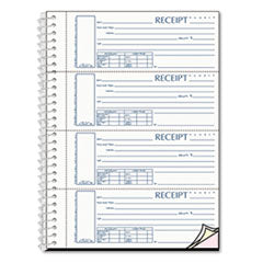 Spiralbound Unnumbered Money Receipt Book, Three-Part Carbonless, 7 x 2.75, 4 Forms/Sheet, 120 Forms Total