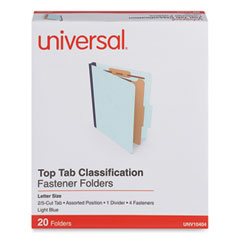 Four-Section Pressboard Classification Folders, 1.75" Expansion, 1 Divider, 4 Fasteners, Letter Size, Light Blue, 20/Box