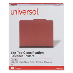 Six-Section Pressboard Classification Folders, 2" Expansion, 2 Dividers, 6 Fasteners, Letter Size, Red Exterior, 10/Box