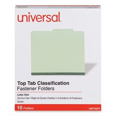 Six-Section Pressboard Classification Folders, 2" Expansion, 2 Dividers, 6 Fasteners, Letter Size, Green Exterior, 10/Box