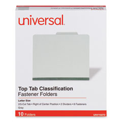 Six-Section Pressboard Classification Folders, 2" Expansion, 2 Dividers, 6 Fasteners, Letter Size, Gray Exterior, 10/Box