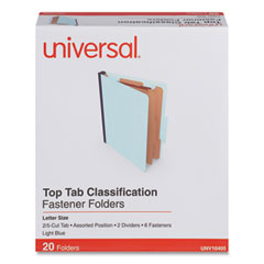 Six-Section Pressboard Classification Folders, 2.5" Expansion, 2 Dividers, 6 Fasteners, Letter Size, Light Blue, 20/Box