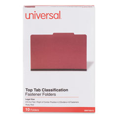 Bright Colored Pressboard Classification Folders, 2" Expansion, 2 Dividers, 6 Fasteners, Legal Size, Ruby Red, 10/Box