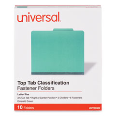 Bright Colored Pressboard Classification Folders, 2" Expansion, 2 Dividers, 6 Fasteners, Letter Size, Emerald Green, 10/Box