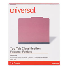 Bright Colored Pressboard Classification Folders, 2" Expansion, 2 Dividers, 6 Fasteners, Letter Size, Ruby Red, 10/Box