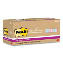 100% Recycled Paper Super Sticky Notes, 3" x 3", Wanderlust Pastels, 70 Sheets/Pad, 24 Pads/Pack