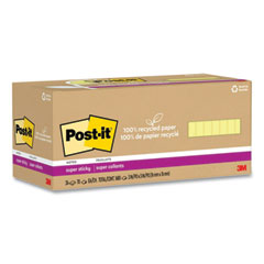 100% Recycled Paper Super Sticky Notes, 3" x 3", Canary Yellow, 70 Sheets/Pad, 24 Pads/Pack