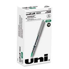 VISION Roller Ball Pen, Stick, Fine 0.7 mm, Green Ink, Silver/Green/Clear Barrel, Dozen