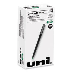 Roller Ball Pen, Stick, Fine 0.7 mm, Green Ink, Black/Green Barrel, Dozen