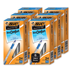 Round Stic Grip Xtra Comfort Ballpoint Pen, Medium 1 mm, Blue Ink, Gray/Blue Barrel, 24/Box, 6 Boxes/Pack