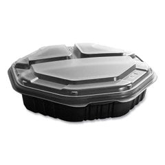 OctaView Hinged-Lid Hot Food Containers, 3-Compartment, 38 oz, 9.55 x 9.1 x 2.4, Black/Clear, Plastic, 100/Carton