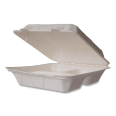 Nourish Molded Fiber Takeout Containers, 3-Compartment, 5 x 9 x 2, White, Sugarcane, 200/Carton