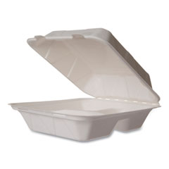 Nourish Molded Fiber Takeout Containers, 3-Compartment, 8 x 9 x 2, White, Sugarcane, 200/Carton