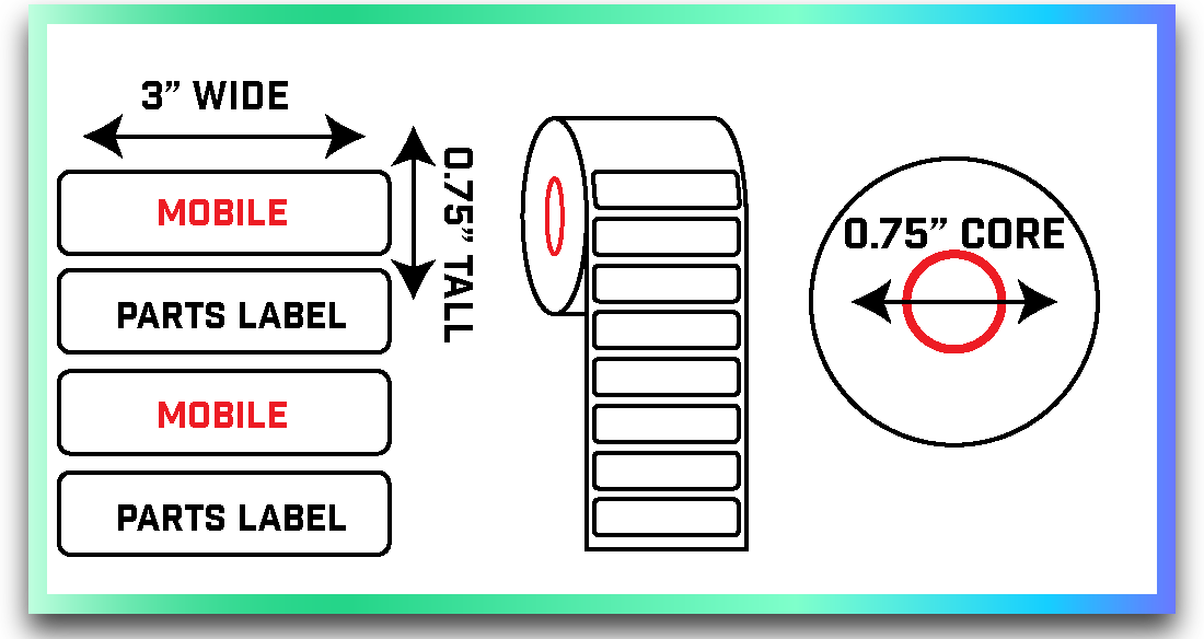 Mobile Printer Parts Labels White - 3 X. 75 .75" inner core 735 labels per roll - Compatible with Zebra ZQ620