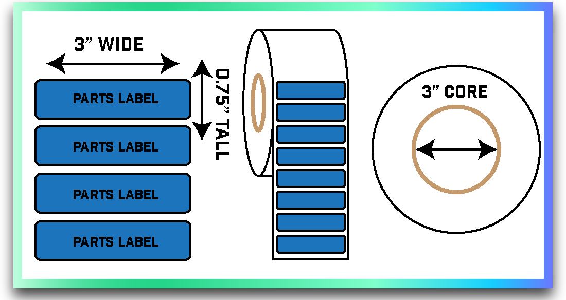 Parts Inventory Labels Blue- 3 X. 75 3" inner core 7500 labels per roll - Compatible with Zebra ZT231 and AMT DataSouth M7/M10