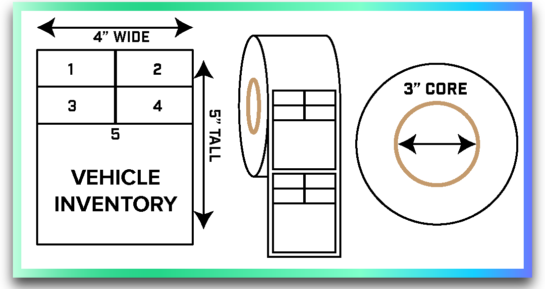 Vehicle Inventory Labels 4 x 5 3" Inner Core 1200 labels per roll - Compatible with Zebra ZT231 and AMT DataSouth M7/M10
